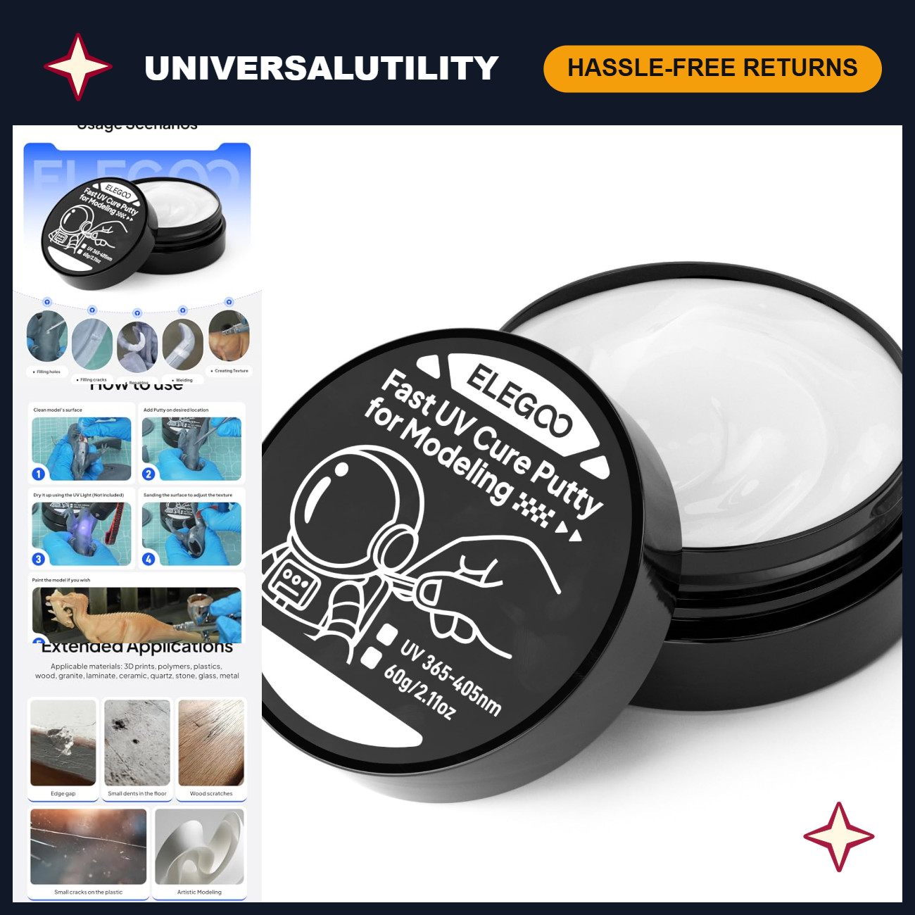 UV Resin Putty for 3D Printing & Modeling - 60g White, Quick Cure, Easy to Use