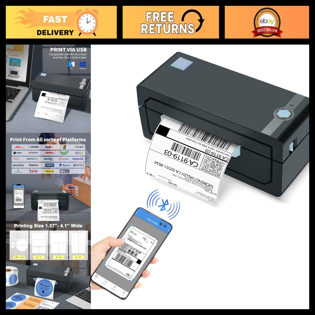 Wireless Bluetooth Thermal Shipping Label Printer - 4x6 Label Maker, Easy Setup