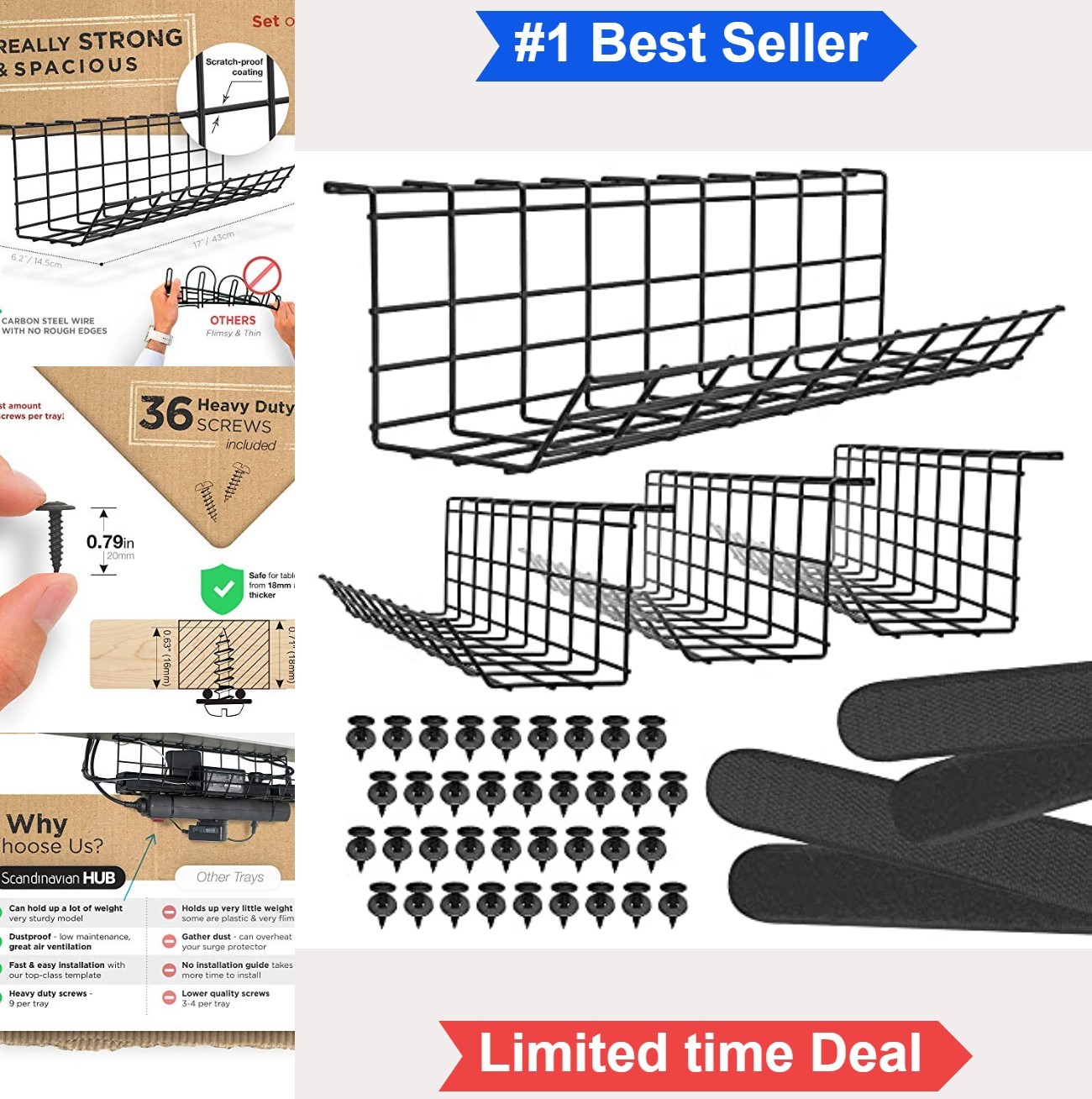 Under Desk Cable Organizer Tray 4 Pack 17 Inch Black Wire Management Wood MDF