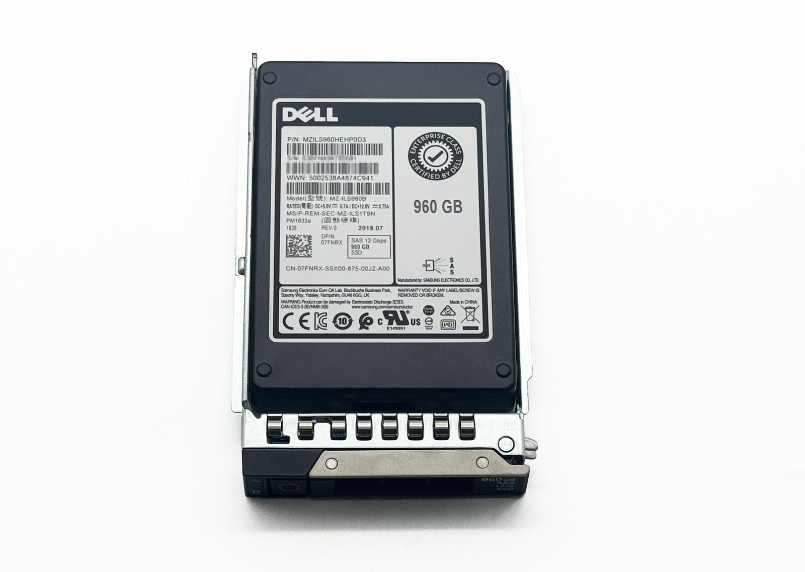 Dell 960GB 12Gbps SAS 2.5" Enterprise SSD PM1633a MZ-ILS960B 07FNRX w/ Caddy