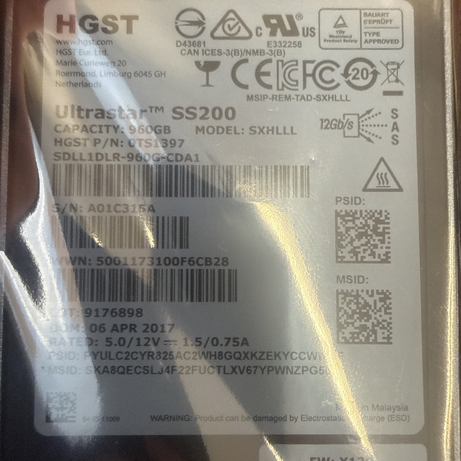 HGST ULTRASTAR SDLL1DLR960GCDA1 SS200 960GB 2.5 SAS SSD 0TS1397 SXHLLL 60% Healt