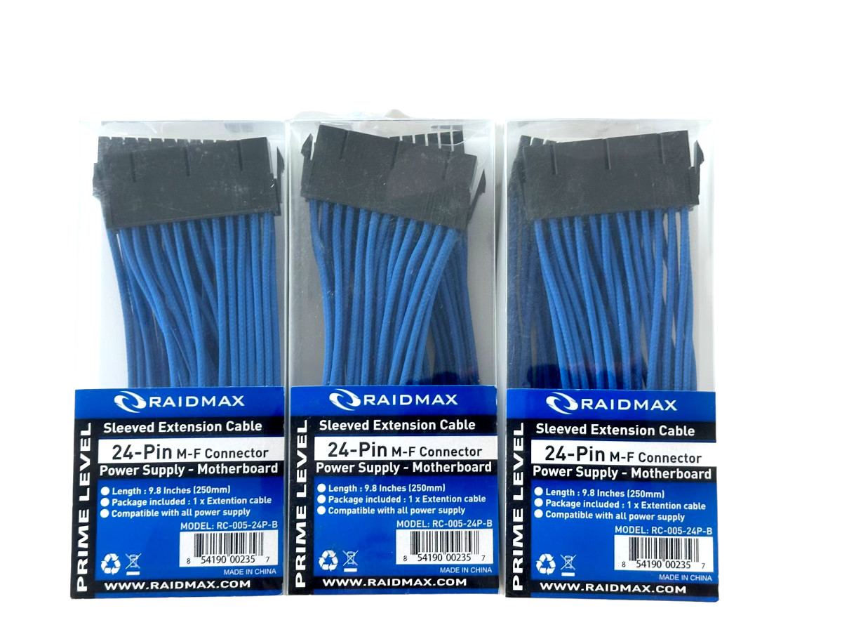 24-Pin M-F Power Supply-Motherboard Sleeved Extension Cable 9.8in *LOT OF 3*