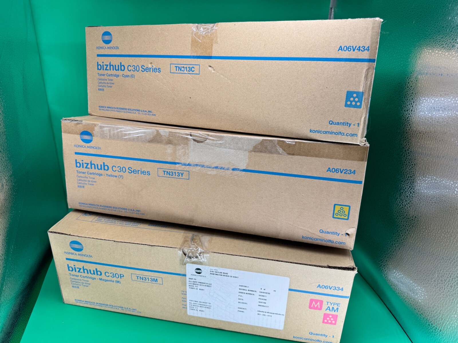 Qty.3 GENUINE KONICA MINOLTA BIZHUB C30 TONER CARTRIDGES, TN313C, TN313Y, TN313M