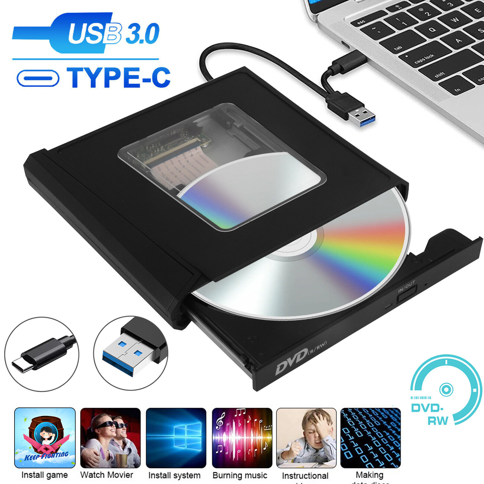 External CD DVD RW Drive Burner Reader Writer Player USB 3.0 Black for Laptop PC