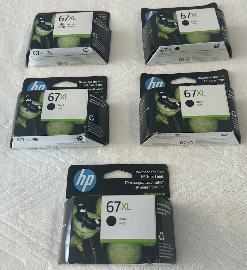 Lot of 5 HP 67XL Black (4x) & 67 Tri Color (1x) Ink Cartridges