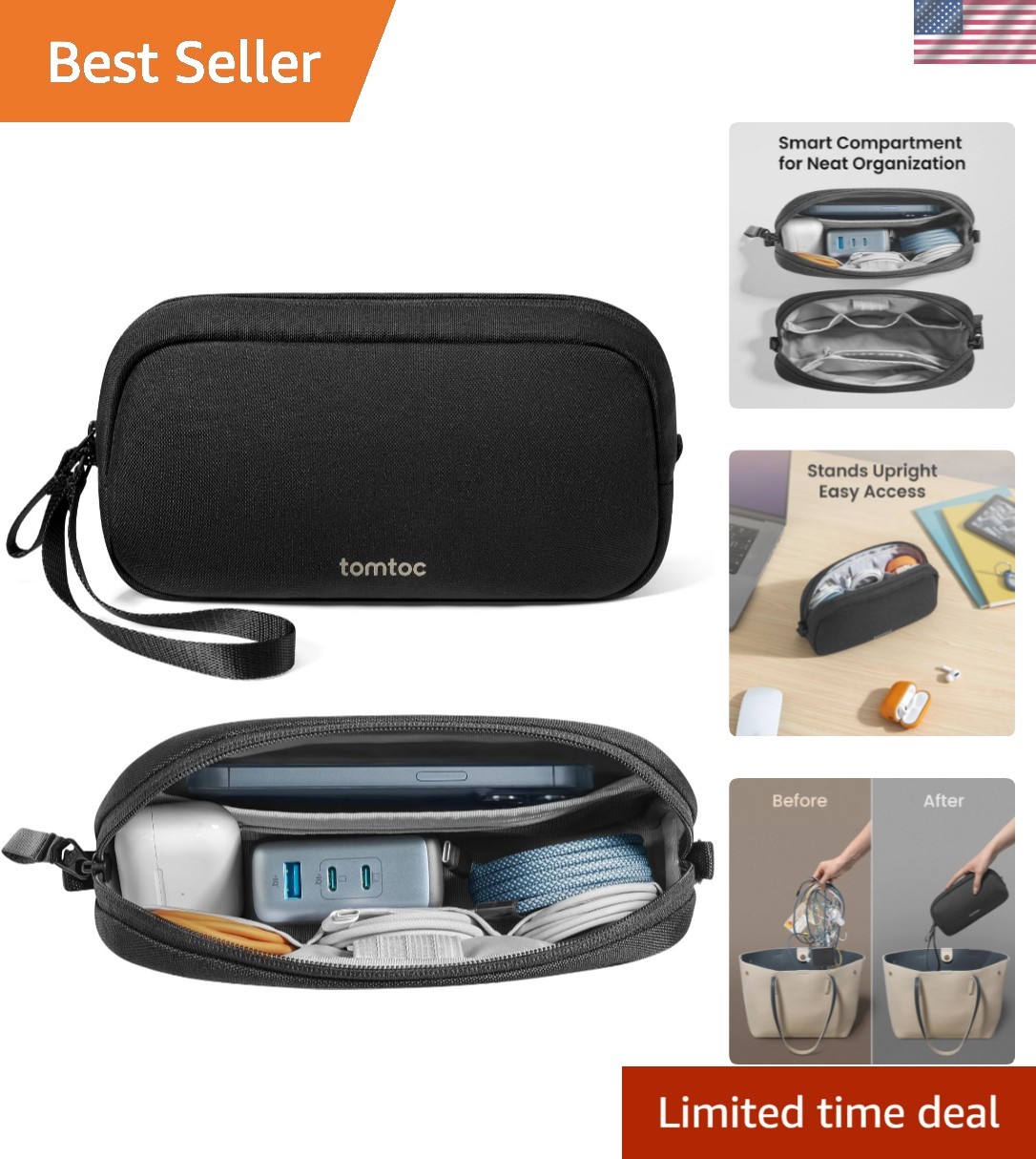 Sleek Tomtoc 2-Compartment Tech Organizer - Perfect for Travel Essentials