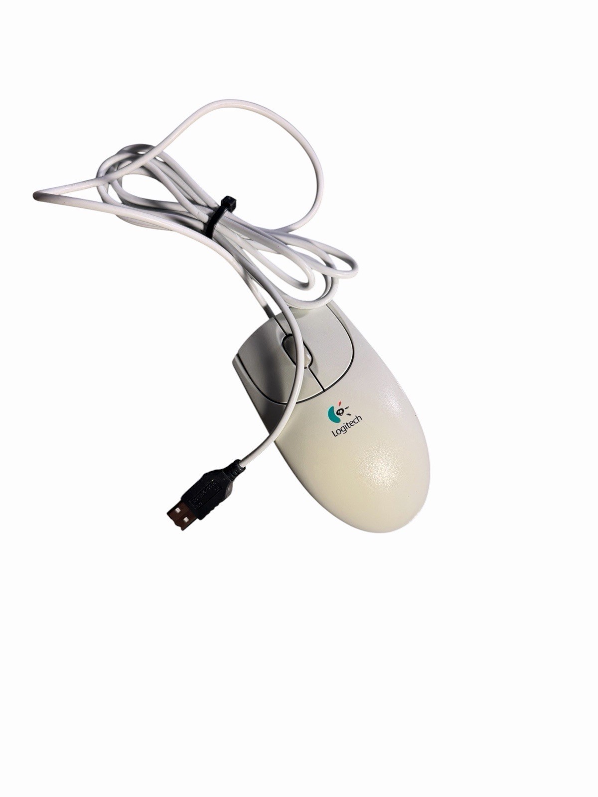 Vintage Logitech First Pilot Wheel Mouse M-BE58 White Woven Eye Logo USB Tested