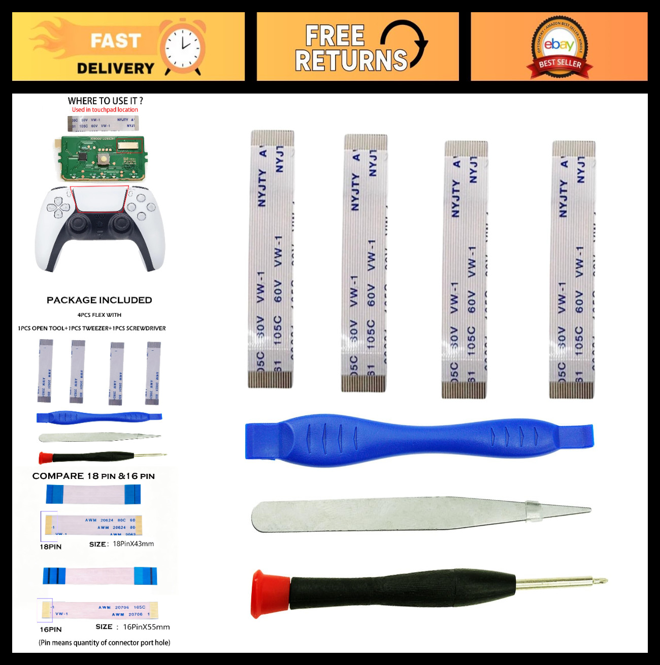 4PCS Replacement Touchpad Flex Ribbon Cable for PS5 Controller BDM-020/030/040/0