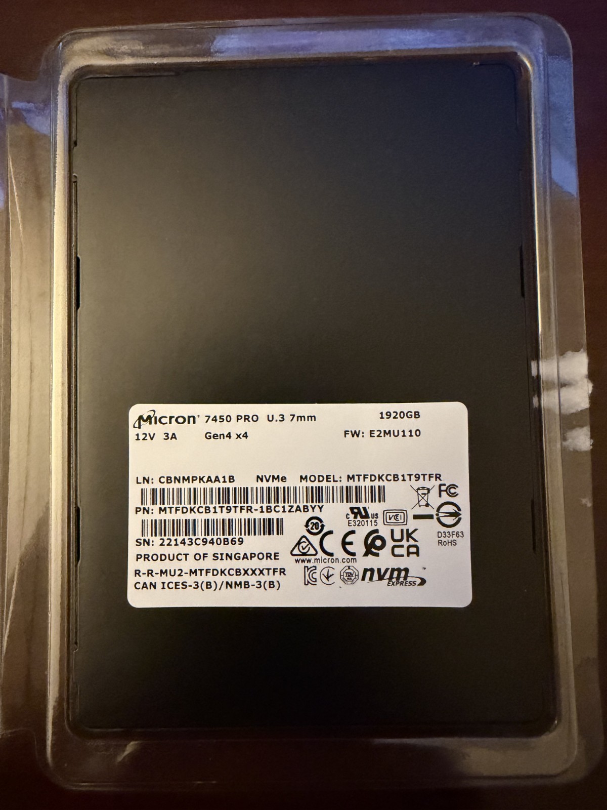 Micron 7450 Pro 1.92TB PCIe NVMe 4.0 U.3 2.5" SSD MTFDKCB1T9TFR