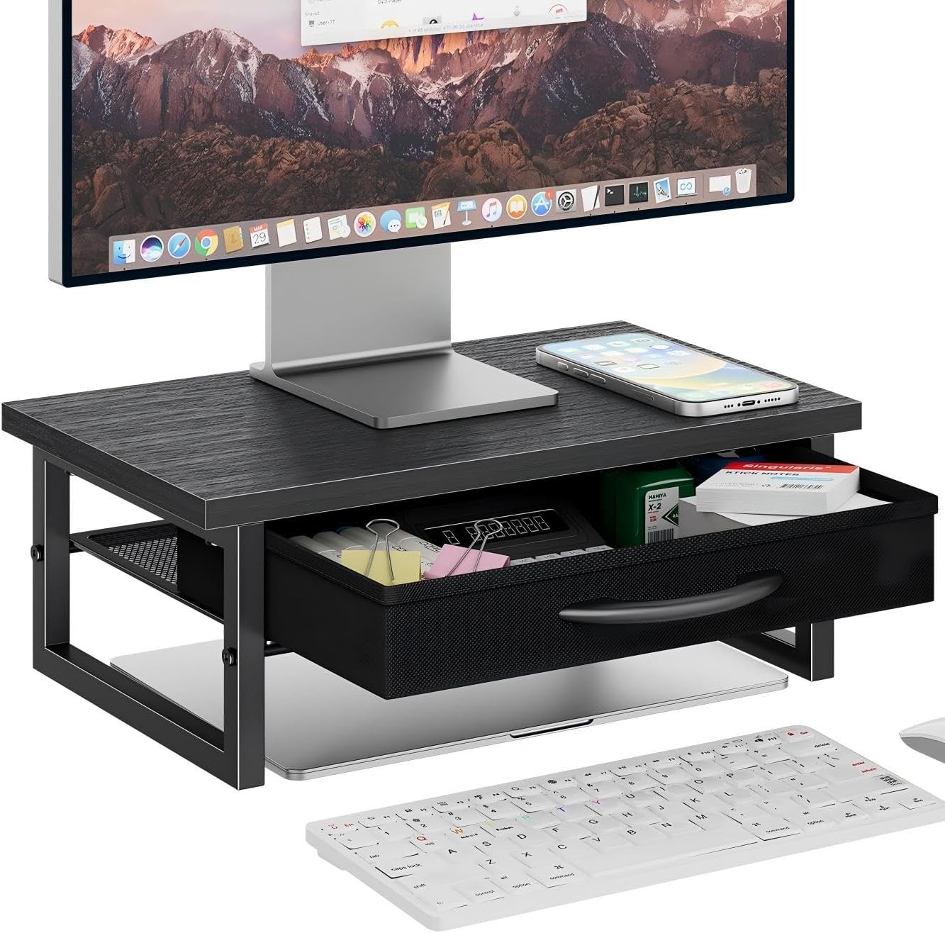 2 Tier Monitor Stand with Fabric Drawer, Wood and Metal Desk Organizer Riser
