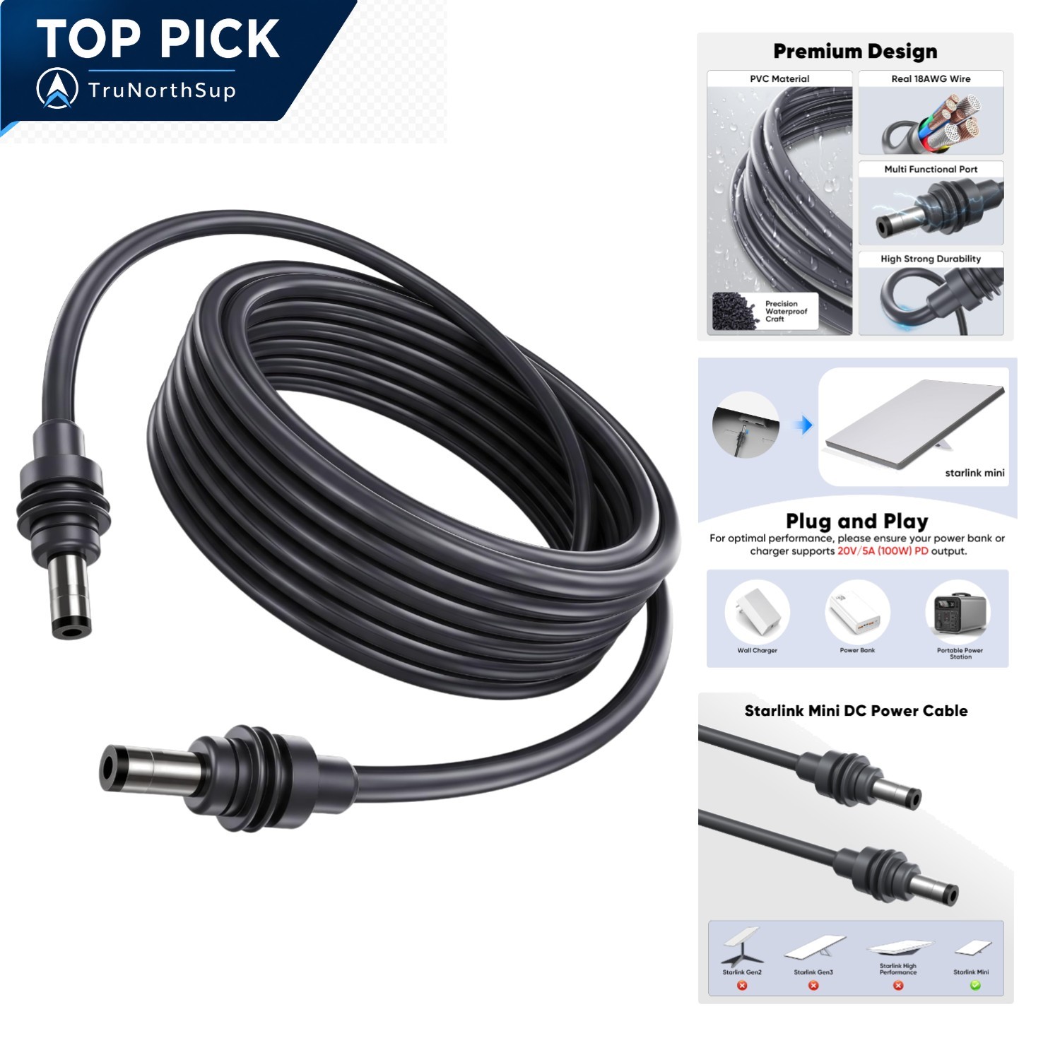 Starlink Mini DC Power Cable 10FT Waterproof Replacement for Starlink Mini Ac...