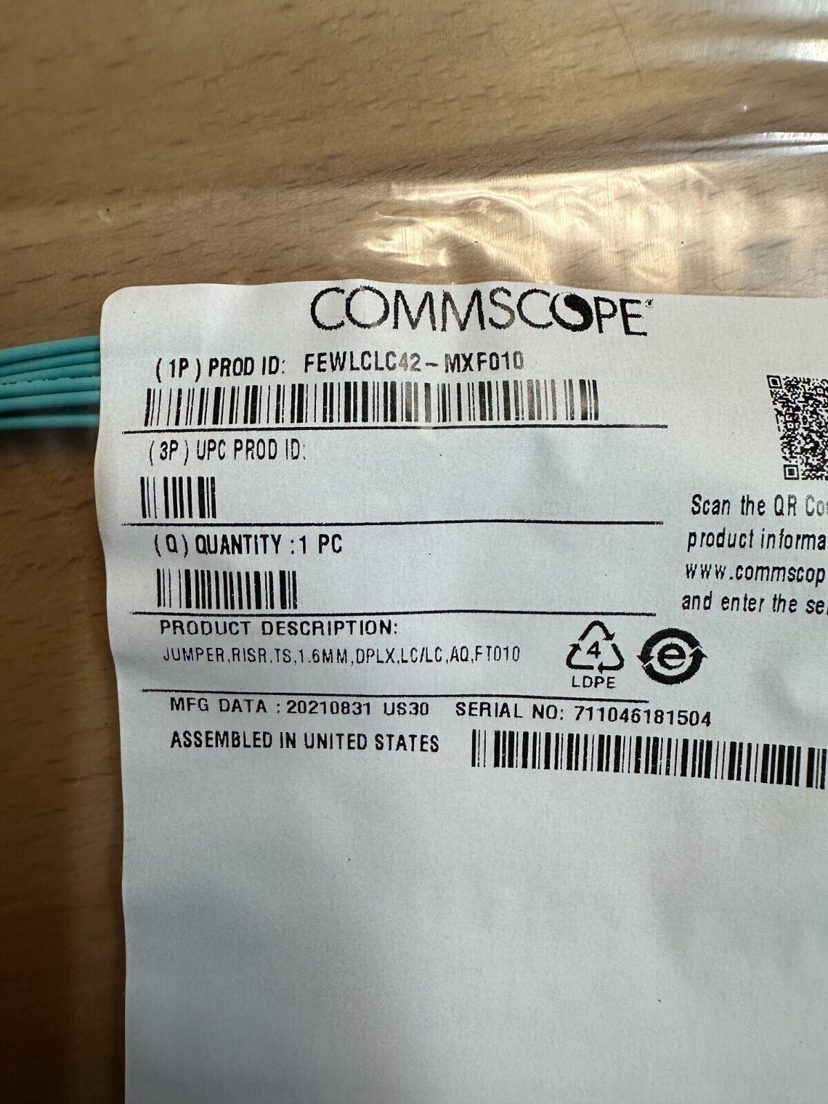 Commscope Fiber Patch Cords Bulk qty (40) OM3 10' riser rated LC duplex