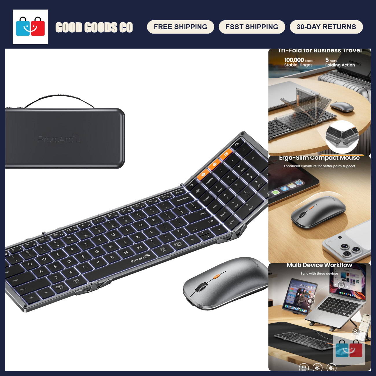 Pro Backlit Foldable Keyboard & Mouse Combo, Full Size, Gray - Wireless & Portab