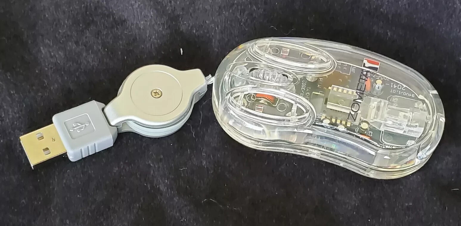 ZOMETA MINI OPTICAL SEE THROUGH COMPUTER MOUSE RETRACTABLE CORD G-ZOM-10046 NEW