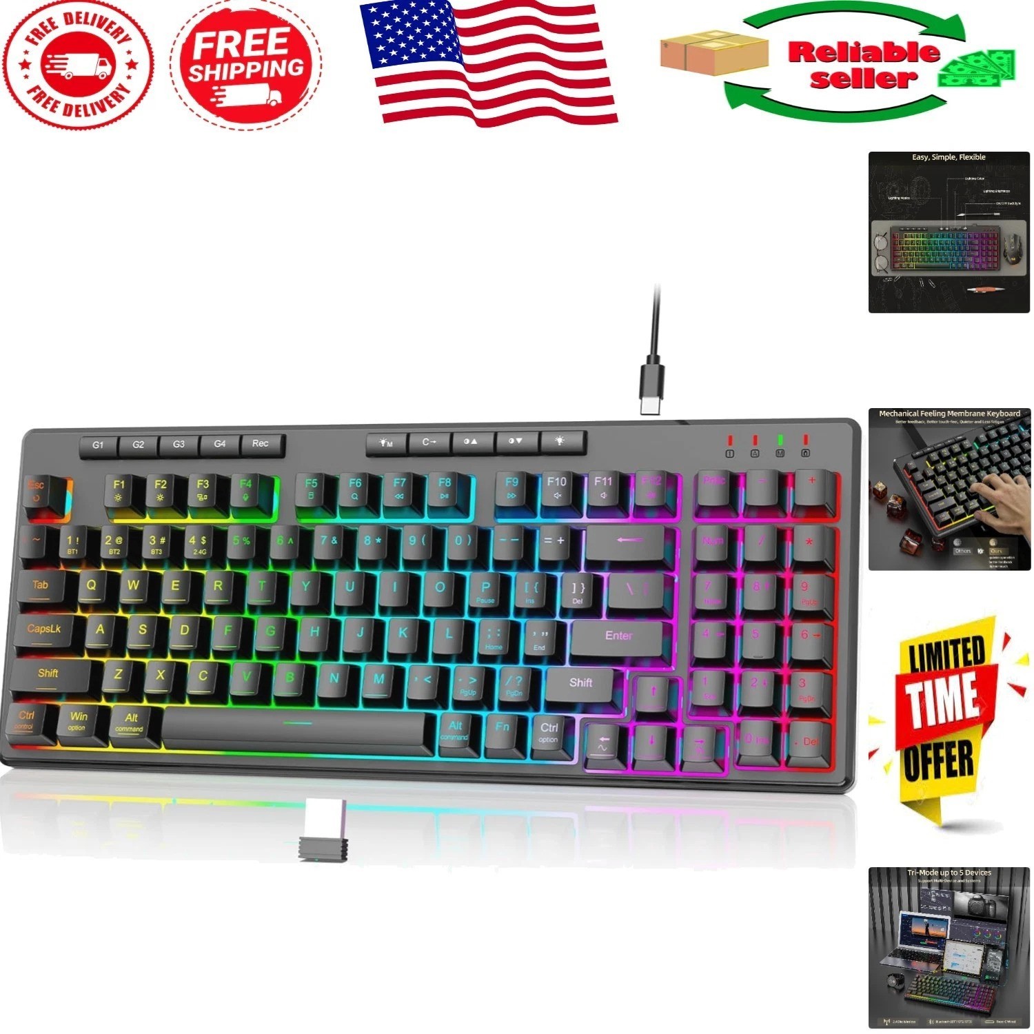 K517 Pro RGB Wireless Keyboard: Programmable Keys & Tri-Mode Connectivity