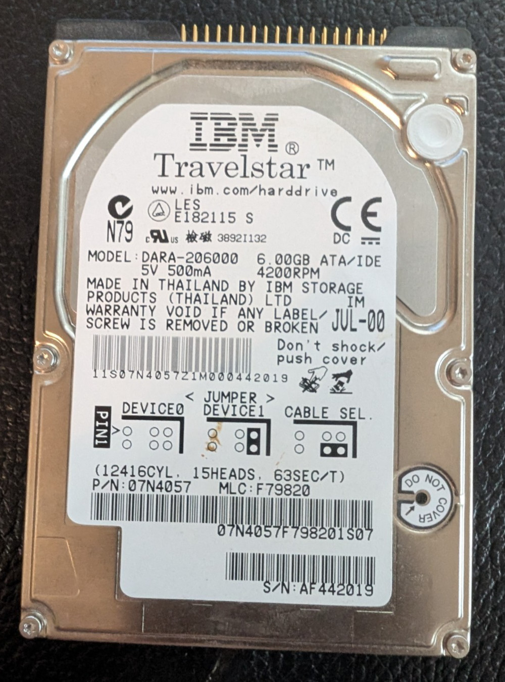 TESTED Rare IBM Travelstar DARA-206000 07N3673 Disk Drive 5.12GB ATA/IDE 2.5" 5V