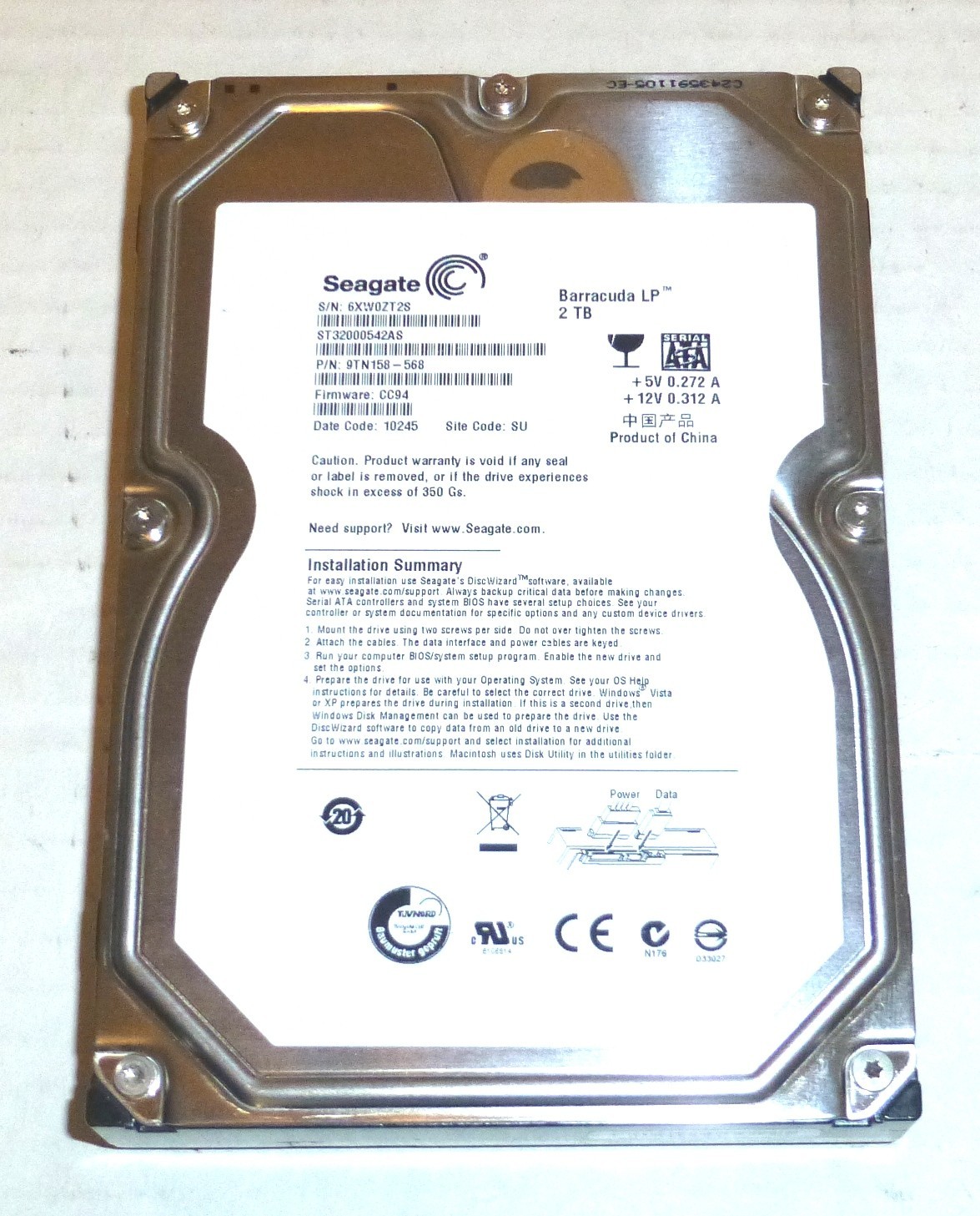 Seagate ST32000542AS 2TB Sata Hard Drive P/N: 9TN158-568  F/W: CC94  SU