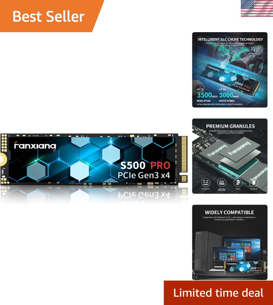 S500 Pro 256GB PCIe Gen3x4 NVMe SSD - Advanced 3D NAND for Durability