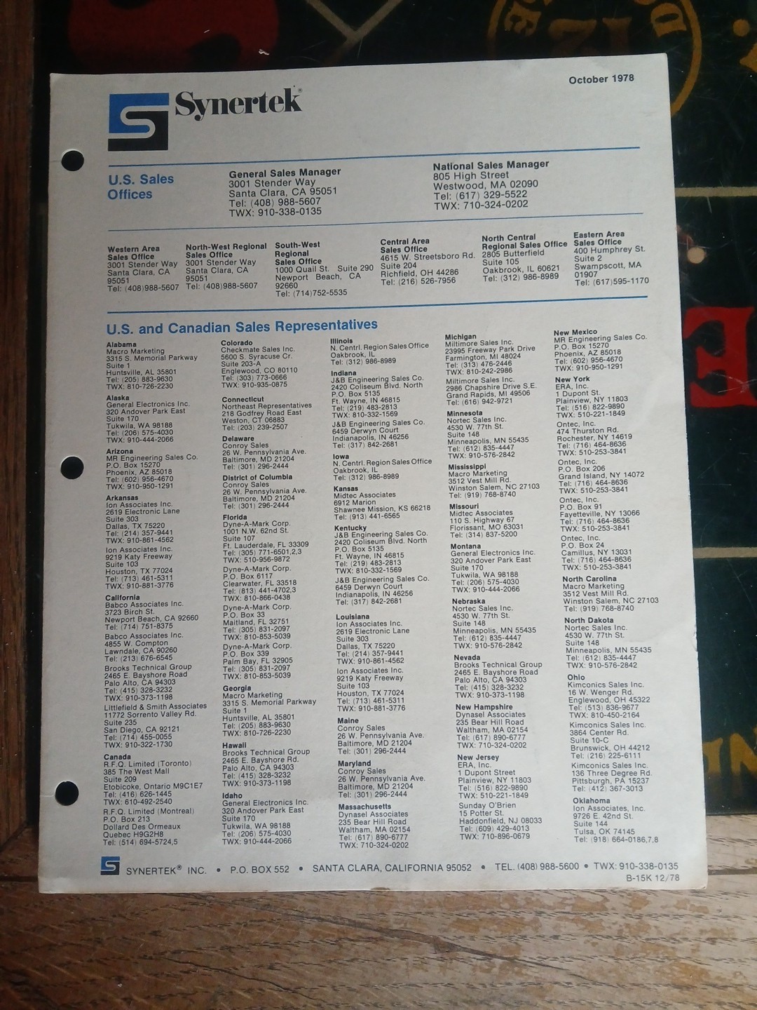 Vintage Synertek Sales Offices Locations Sheet 1978
