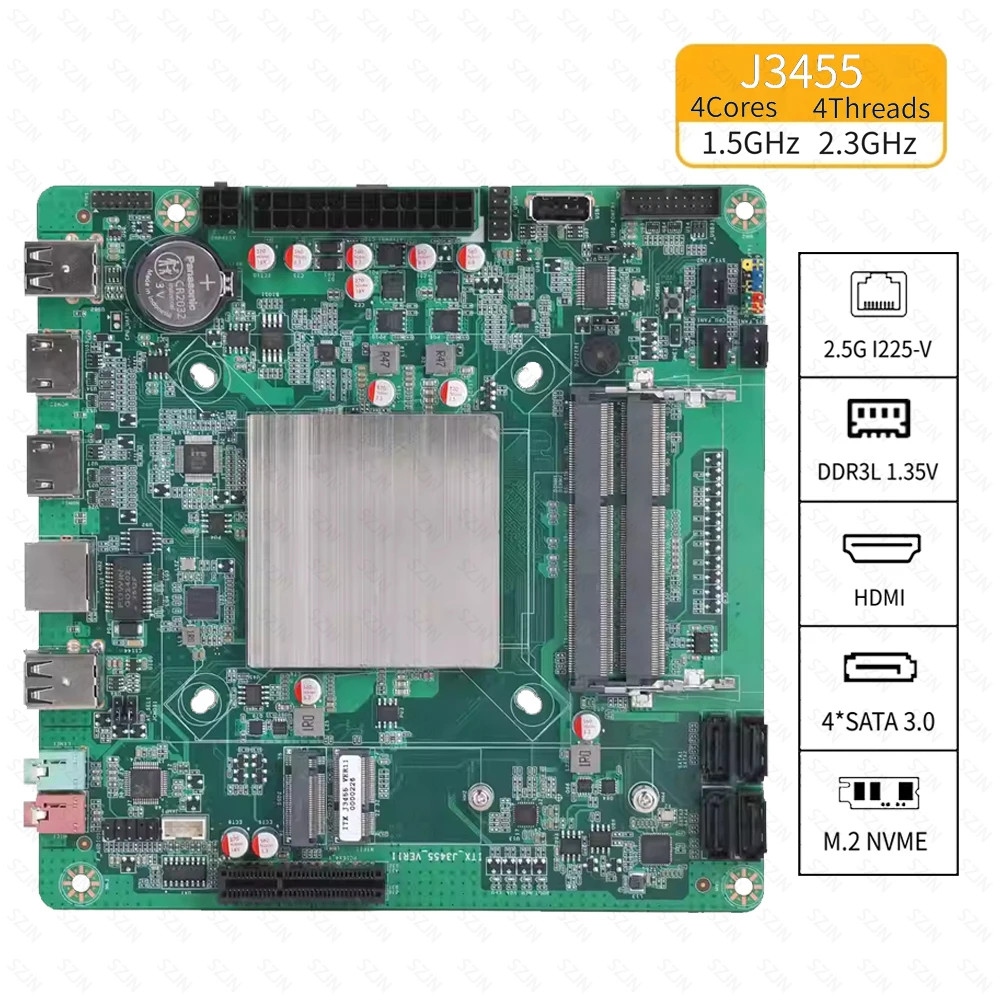 J3455 Mini ITX NAS Motherboard CPU 6xSATA3.0 M.2 NVMe 2.5G I226-V DDR3L