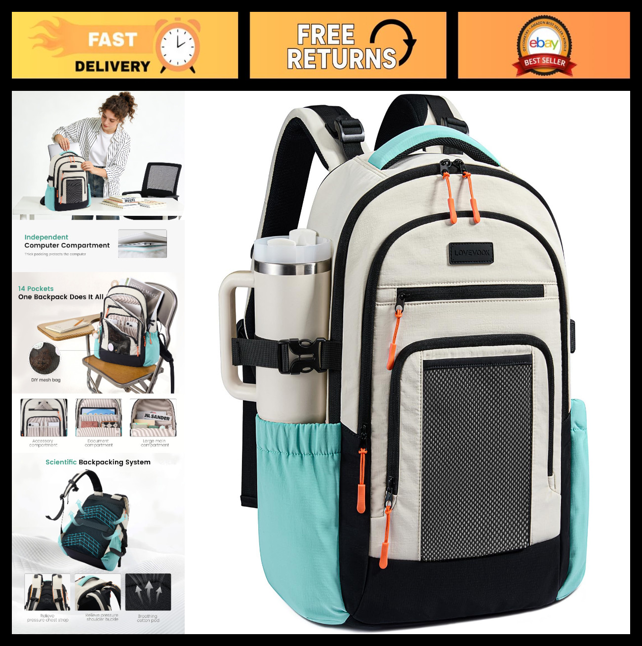 Stylish 15.6" Laptop Backpack for Women | Waterproof, Large Cup Holder, Travel &