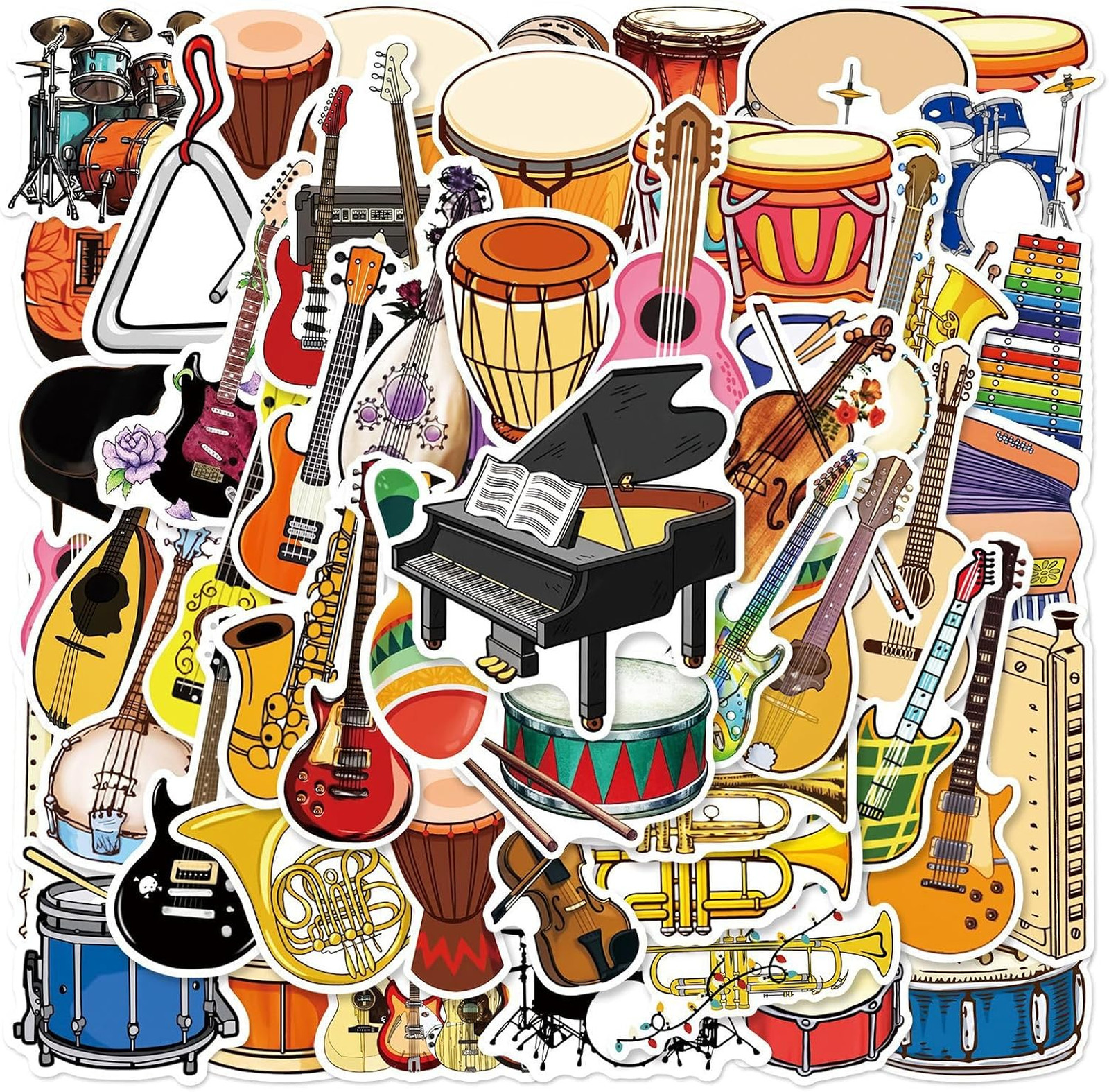 Musical Instruments Stickers 50 Pack Waterproof Vinyl Decal for Water Bottles