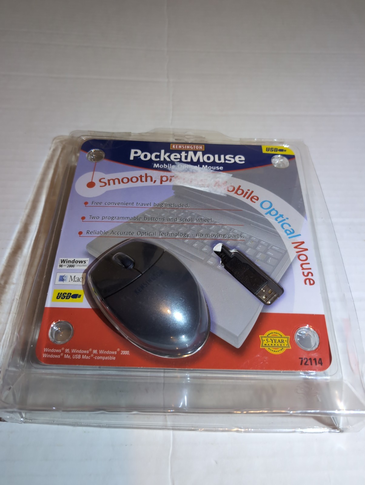 2003 Kensington Mobile Optical Pocket Mouse Gray 72114 Windows 98 2000 & Mac