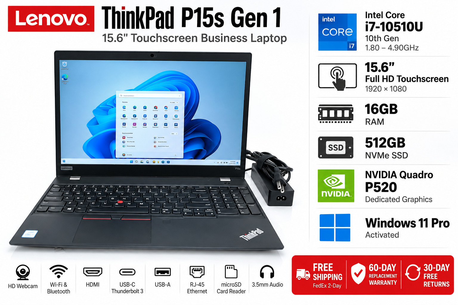Lenovo ThinkPad P15s Gen 1 15.6" Touch i7-10510U 16GB 512GB P520 Win 11 Pro