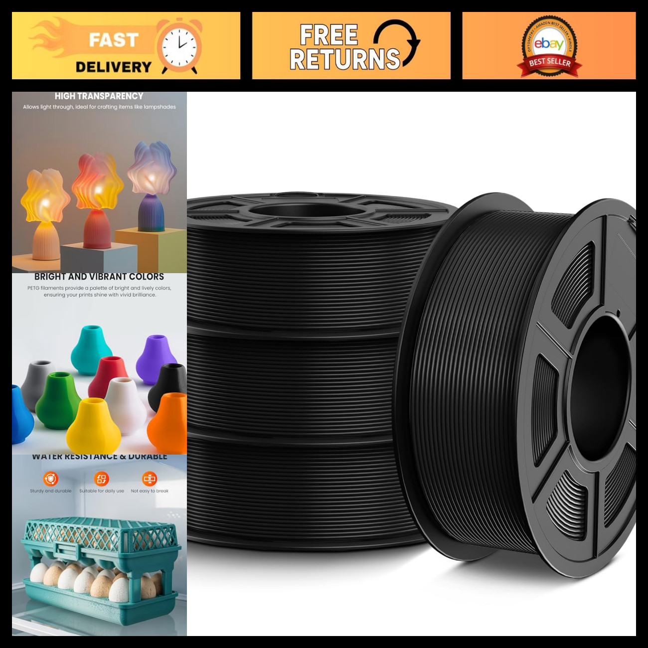 PETG Filament 1.75mm, 4kg Bundle, Black - High Strength 3D Printing Material