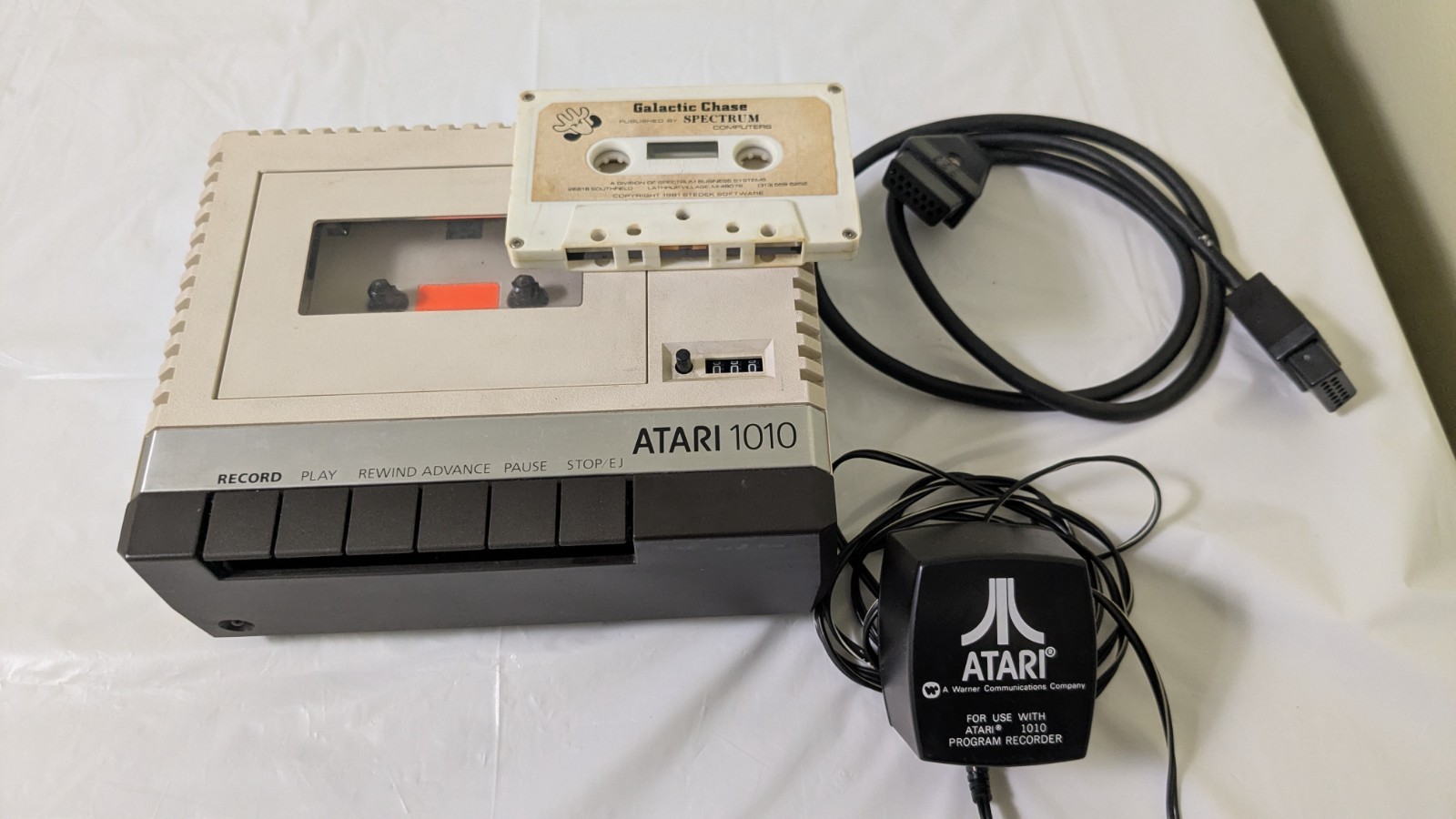Atari 1010 Program Recorder W/ Power Cord, Cable, & Galactic Chase Cassette