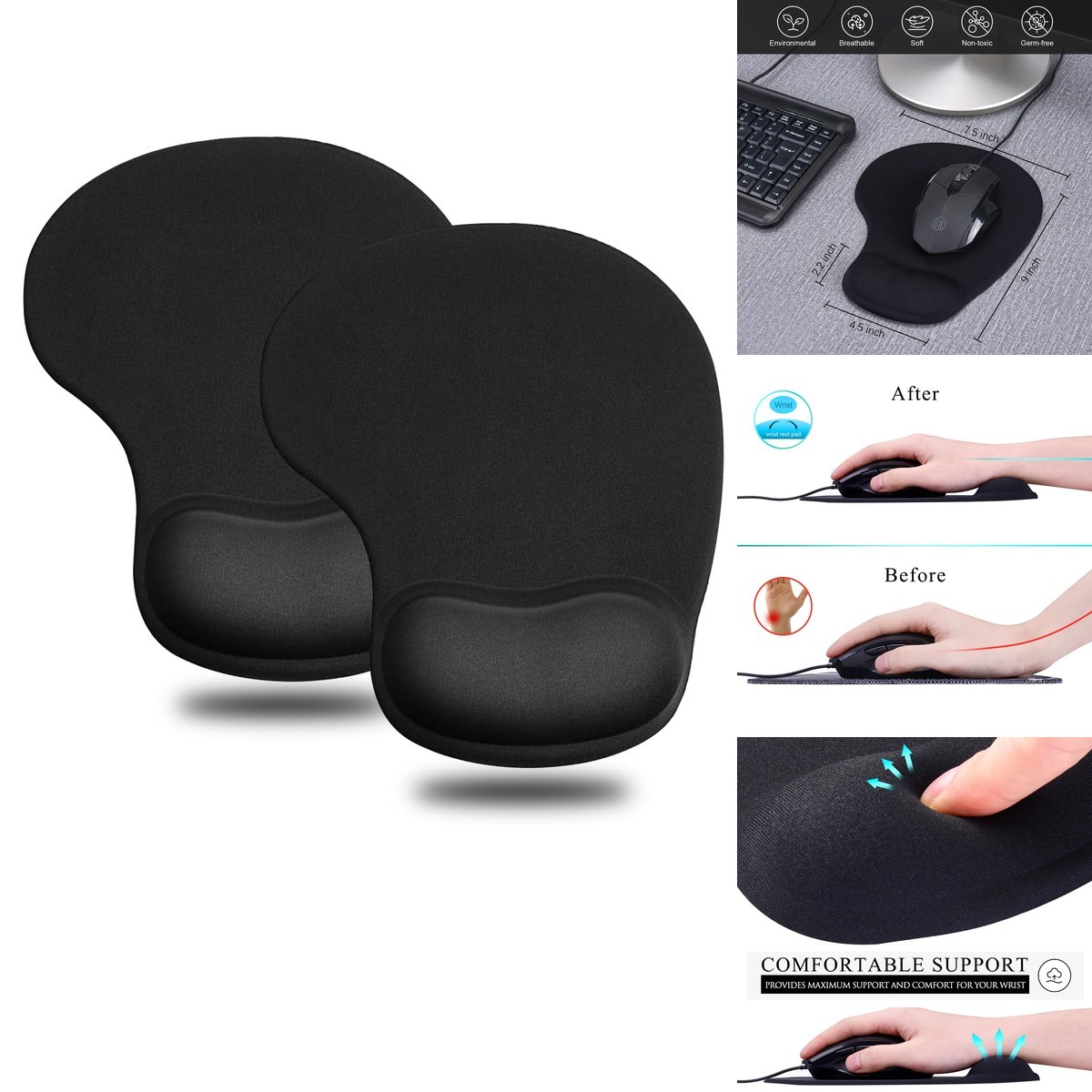 JIKIOU Ergonomic Mouse Pad Gel Wrist Rest 2 Pack Portable Small Black
