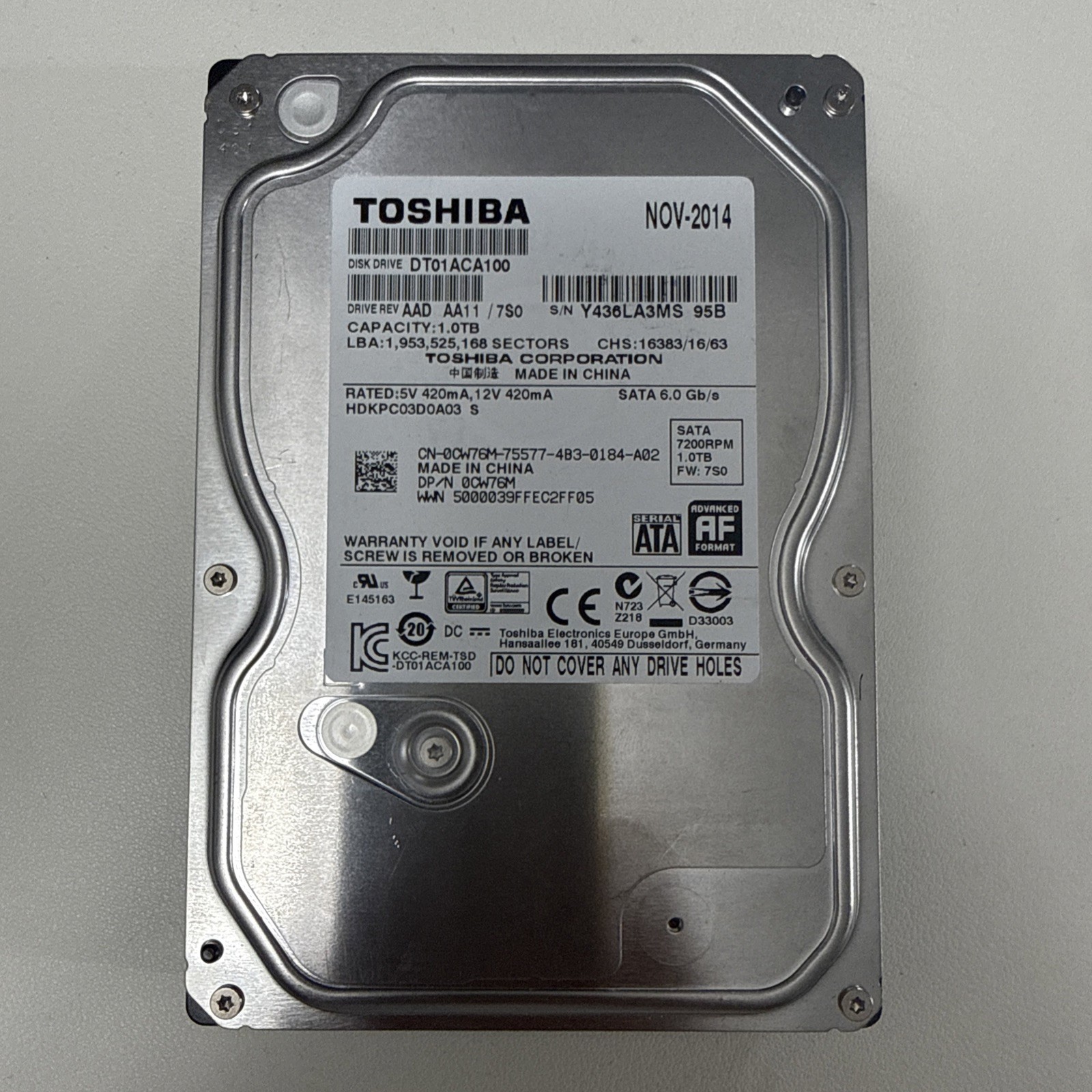TOSHIBA 1.0TB Hard Drive 3.5" DT01ACA100 SATA 6.0 Gb/s