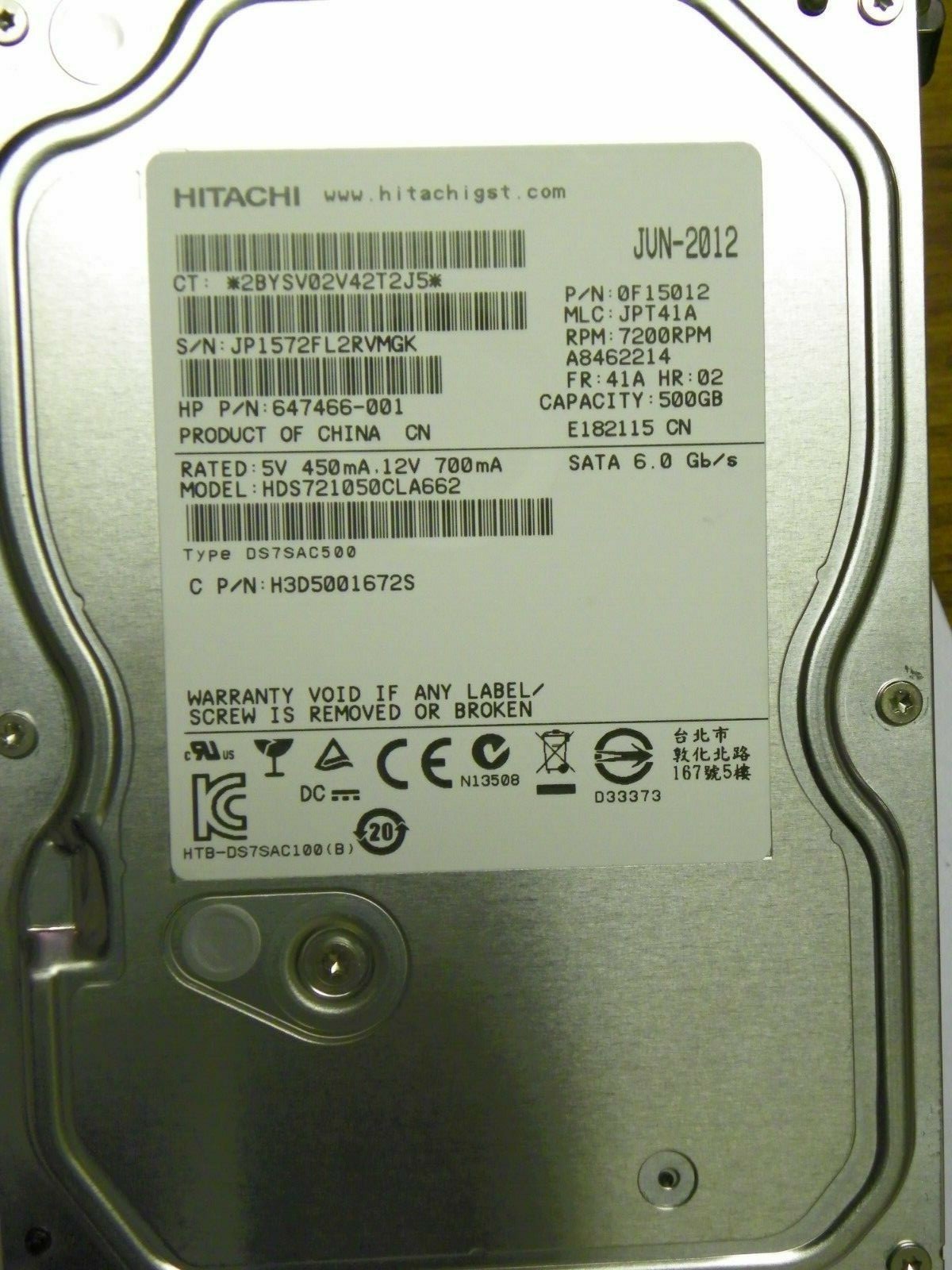 Hitachi HDS721050CLA662 P/N: 0F15012 MLC:JPT41A 500GB 3.5" SATA Hard Drive