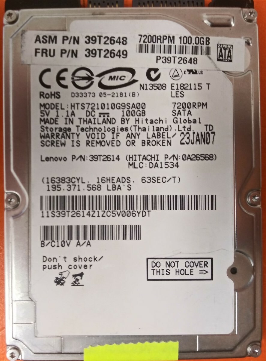 ⭐️⭐️⭐️⭐️⭐️ HDD Hard Drive SATA Laptop 2.5" Hitachi HTS721010G9SA00 100GB A26568