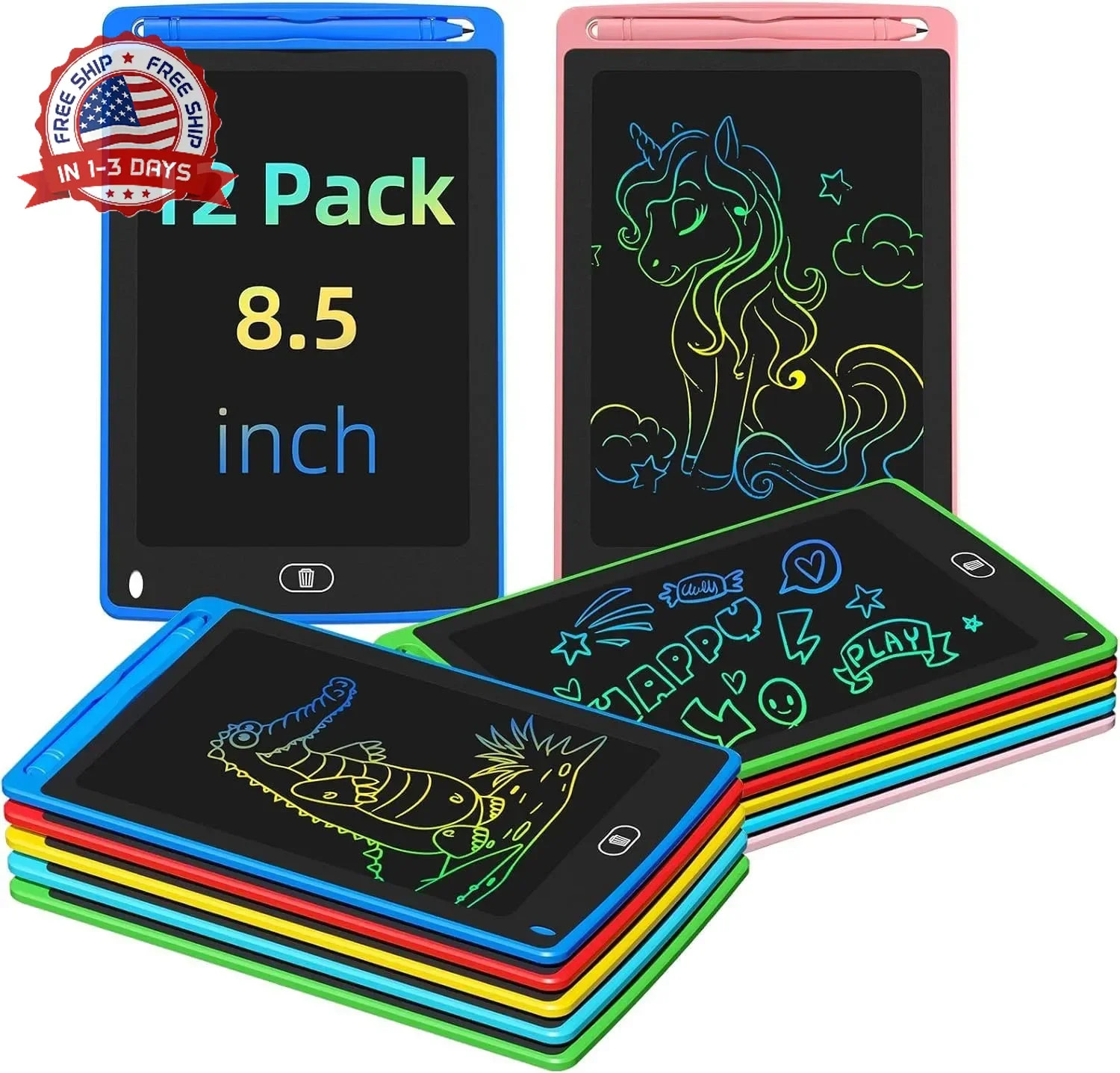Party Favor 12 Pack LCD Writing Tablet for Kids, 8.5 Inch Colorful Drawing Doodl