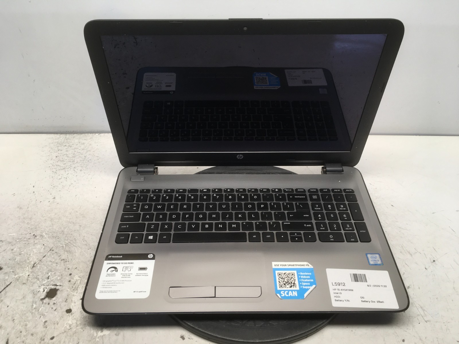 HP 15-AY041WM Intel Core i3-6100U 2.3GHz No RAM / HDD / Batt