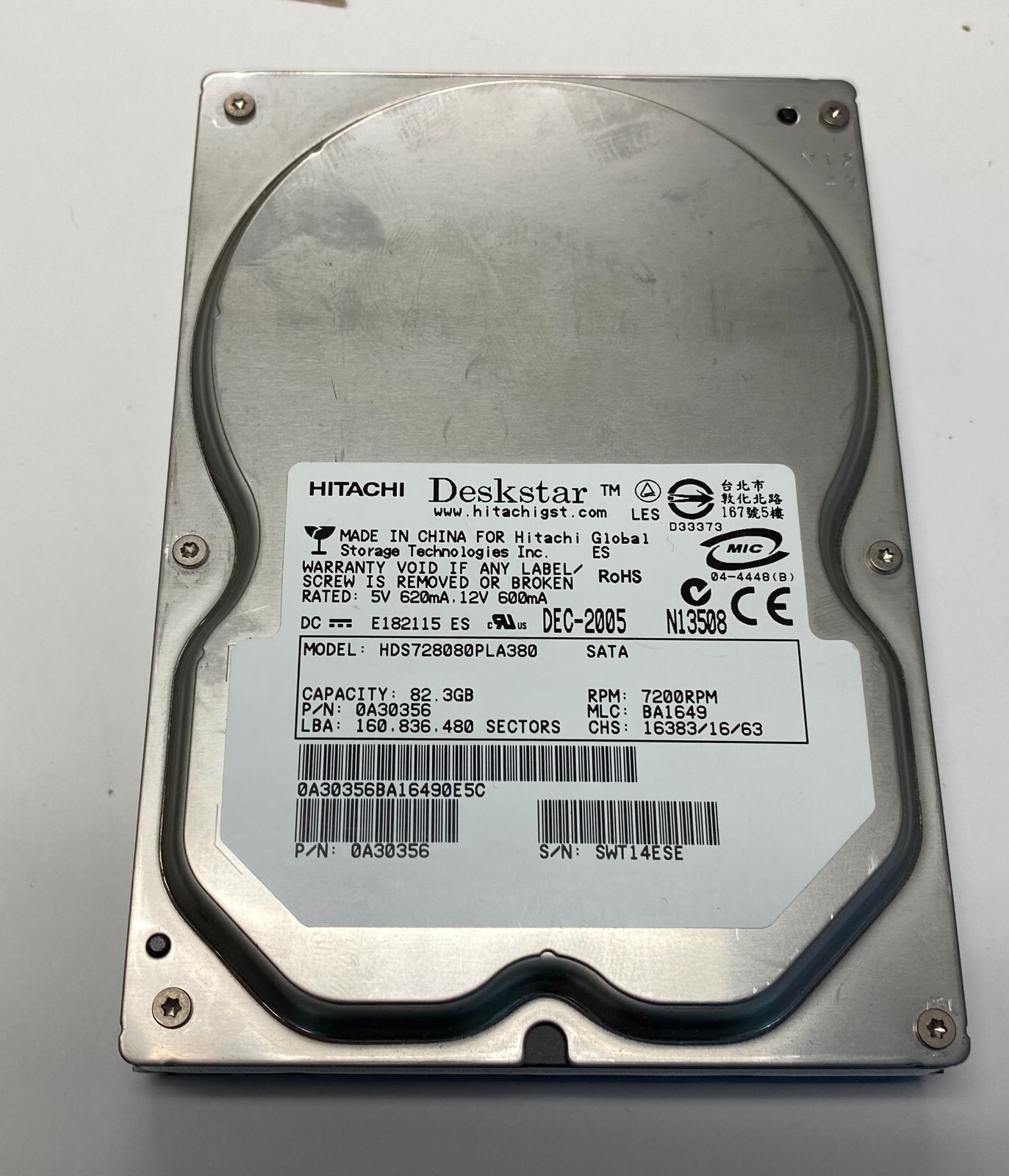 Hitachi Deskstar 80GB SATA 3.5" Desktop Hard Drive HDS728080PLA380