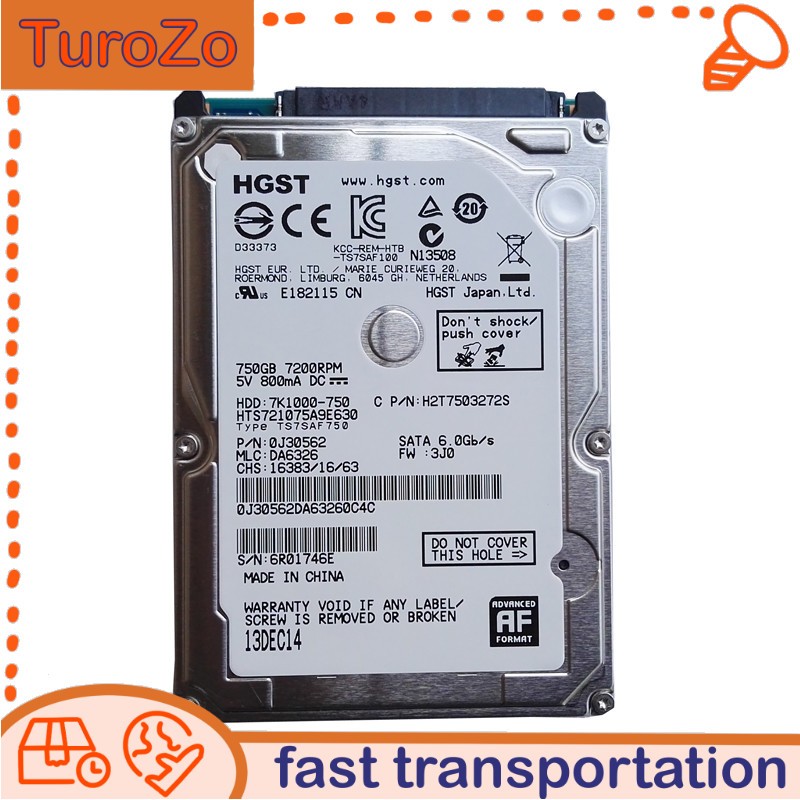 HGST 750GB HTS721075A9E630 7200RPM 32MB SATA 2.5" Laptop HDD Hard Drive