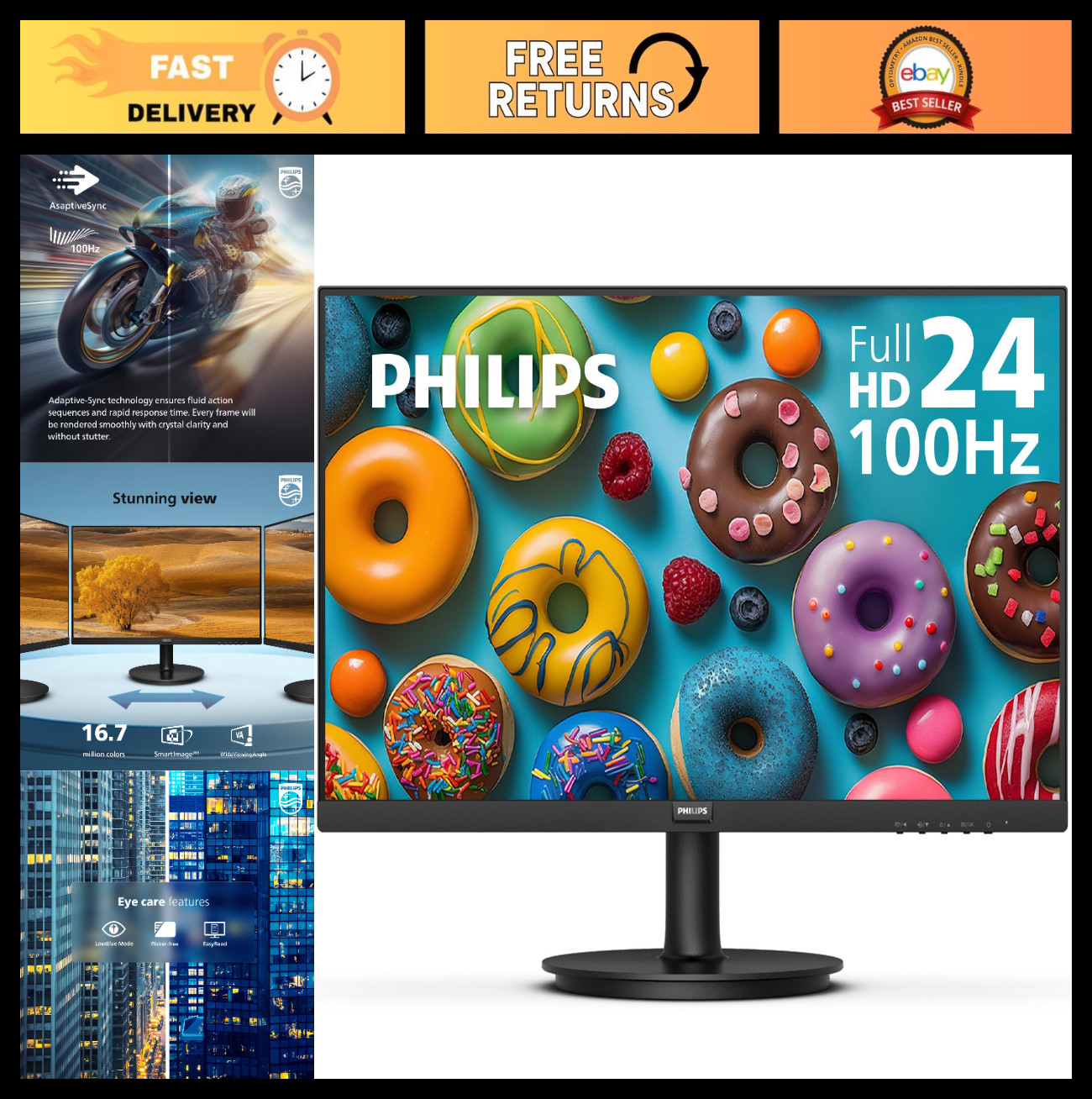 24" FHD Computer Monitor 100Hz VA Panel, VESA Mount, Flicker-Free Display