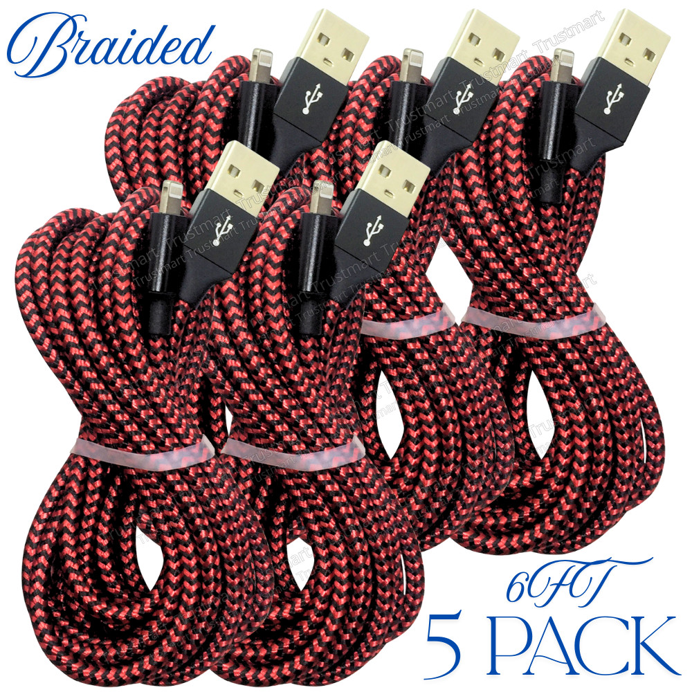 5 Pack 6Ft USB Charger Cable Braided For Apple iPhone 12 11 XR 8 7 Charging Cord