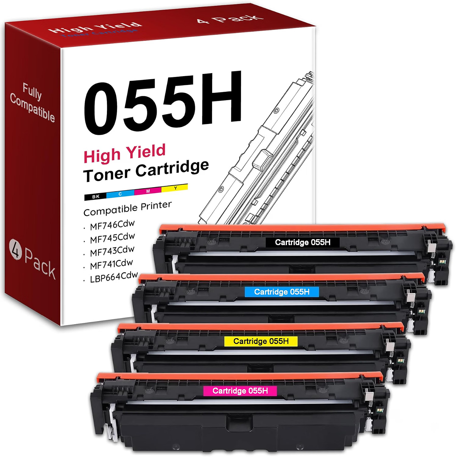 4-Pack Black Toner Cartridges Cyan Magenta Yellow 055H Canon Compatible
