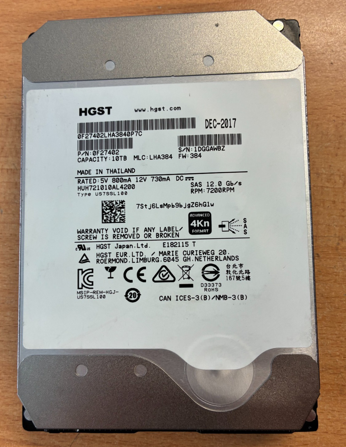 0F27402 HUH721010AL4200 10TB SAS HGST / Western Digital DC HC510 100% Health