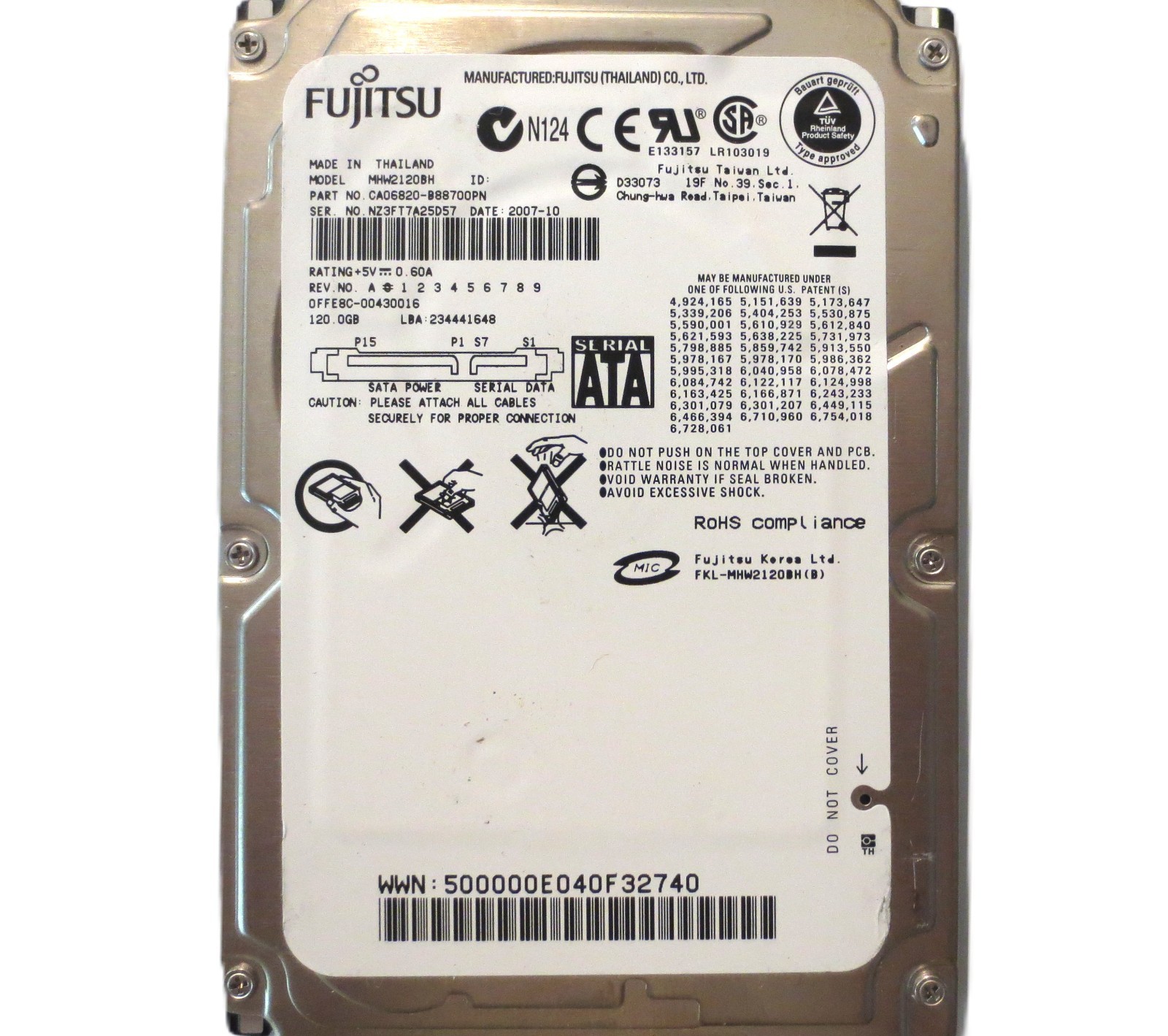 Fujitsu MHW2120BH CA06820-B88700PN 0FFE8C-00430016 Thailand 120gb Sata 2007-10