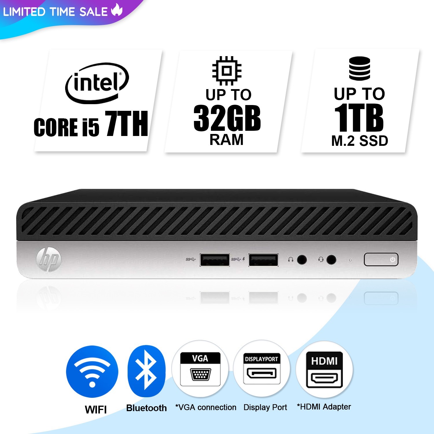 HP Mini Desktop Computer PC i5 7th, up to 32GB RAM 1TB SSD,  Windows 11/10, WiFi
