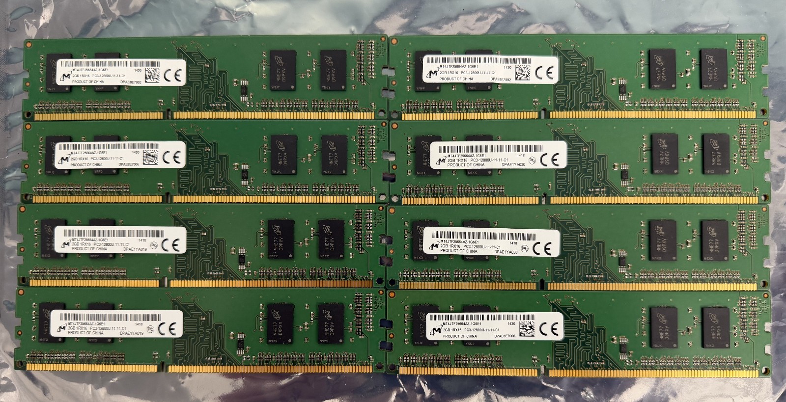 Micron 16GB (8x2GB) 1Rx8 PC3-12800U DDR3 Desktop Memory Lot of 8