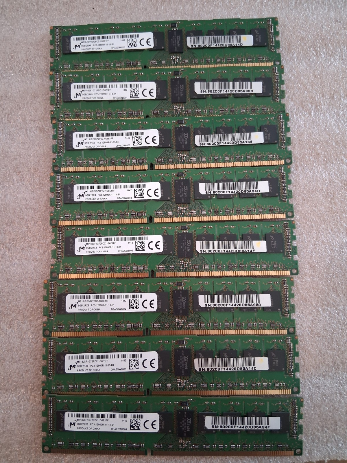 Lot of 8 Micron MT18JSF1G72PDZ-1G6E1 8GB 2Rx8 DDR3-1600 PC3-12800R Server Memor