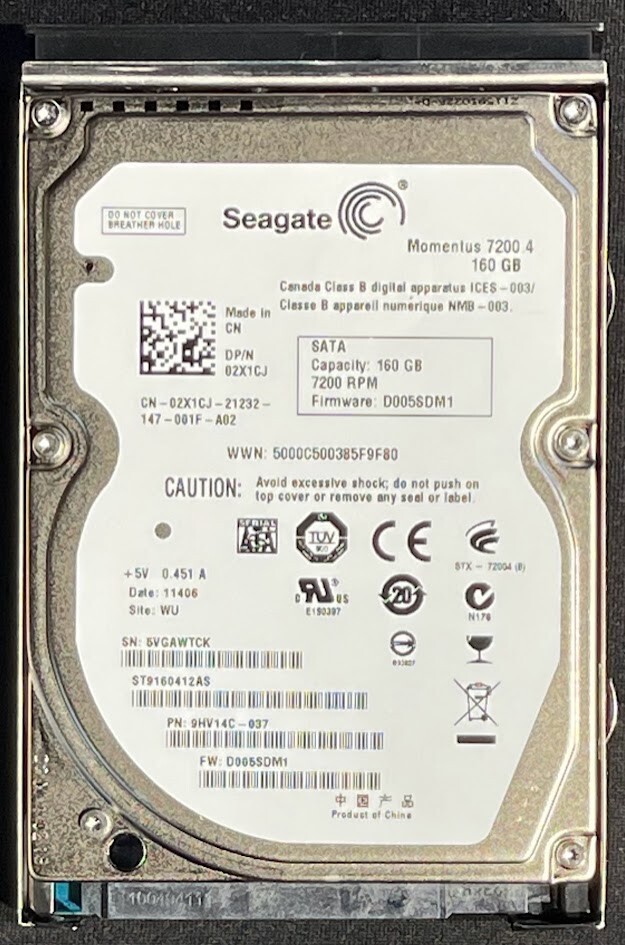 Seagate Momentus 7200 160GB Hard Drive / ST9160412AS / 2X1CJ / KJ657