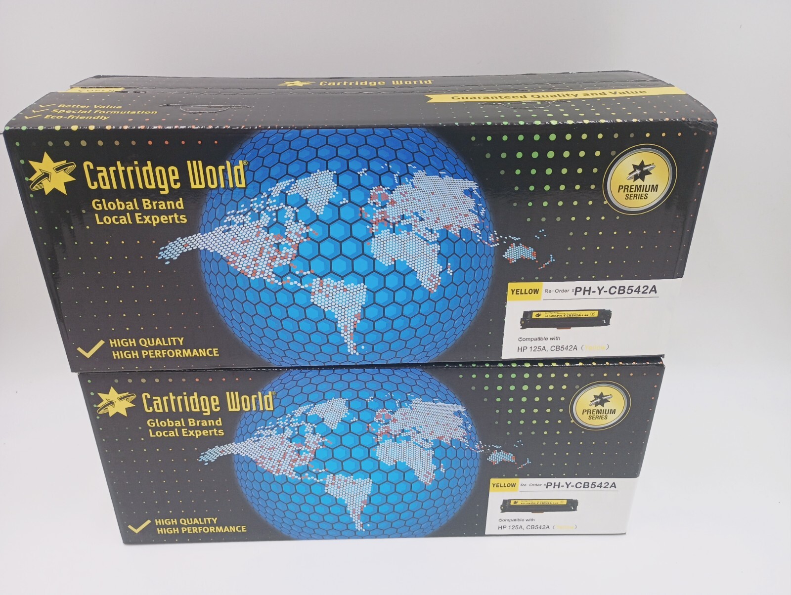 (2) CARTRIDGE WORLD YELLOW TONER CARTRIDGE FOR HP 125A CB542A CM1312 CP1210/1215