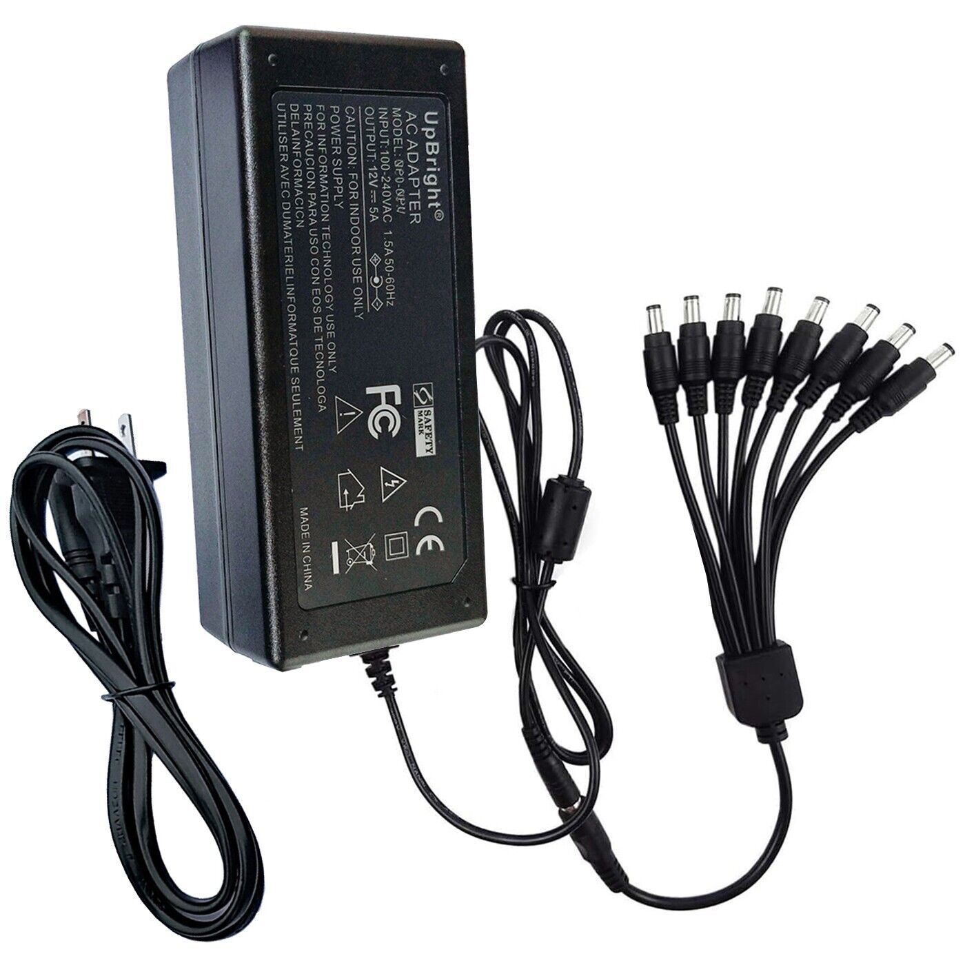12V 5A 60W 100V-240V AC/DC Adapter with 8-Way Power Splitter For Security Camera