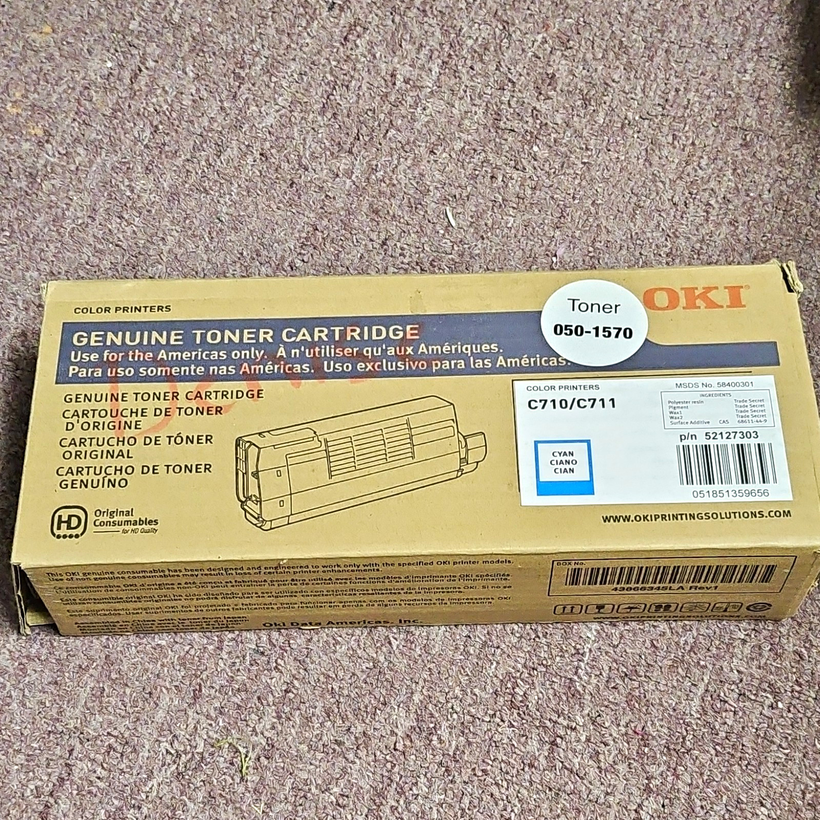 OKI Genuine Cyan Laser Toner Cartridge for C710/C711, MPN 050-1570/52127303